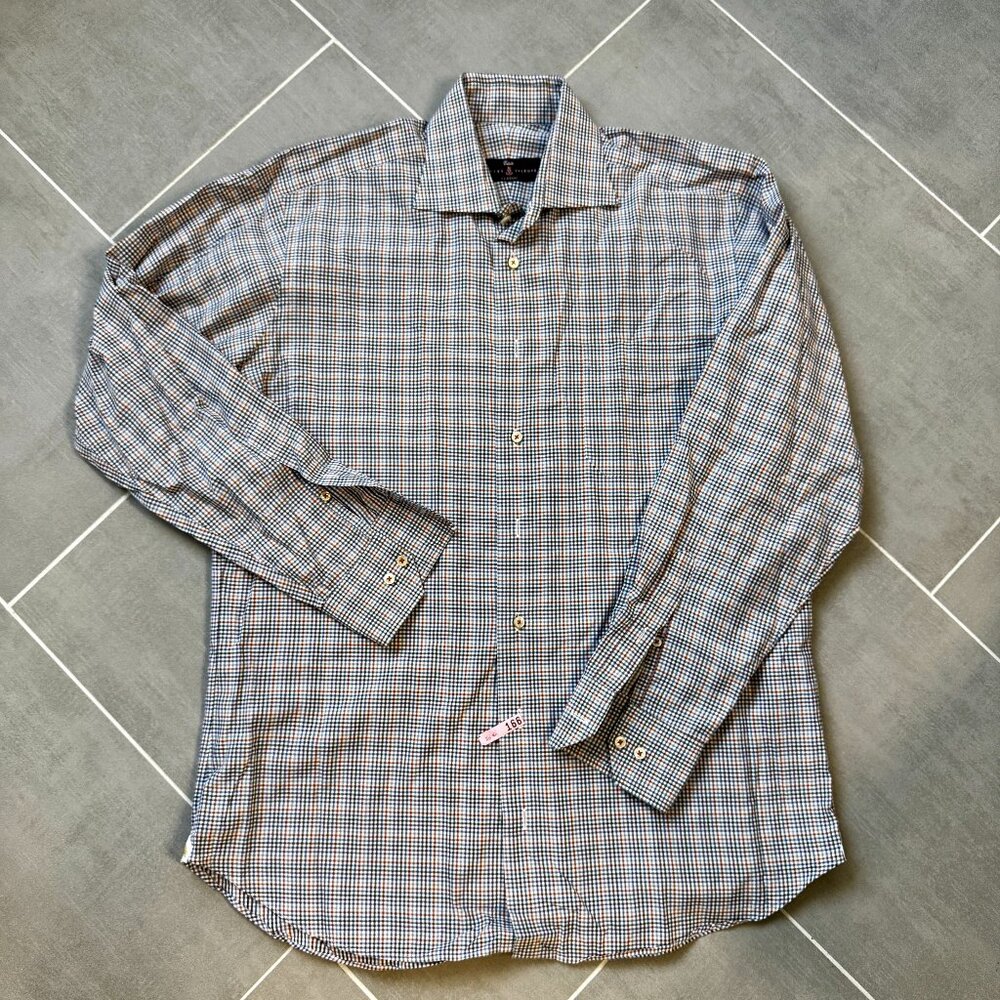 Robert Talbott Estate Classic Blue Orange Micro Check Casual Dress Shirt Medium